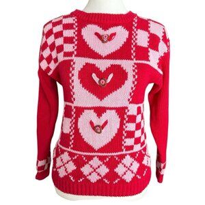 Vintage 90s Hearts Checked Sweater Womens Small Argyle Cottagecore Grannycore